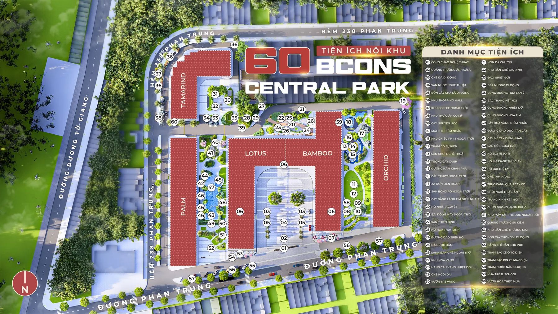 Mặt bằng tổng thể 60 tiện ích nội khu Bcons Central Park